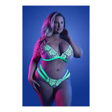 Night Vision Bralette & Cage Panty Queen Size showcasing embroidered mesh and glow-in-the-dark accents on a model.