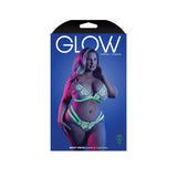 Night Vision Bralette & Cage Panty Queen Size packaging featuring a model in glow-in-the-dark lingerie set.