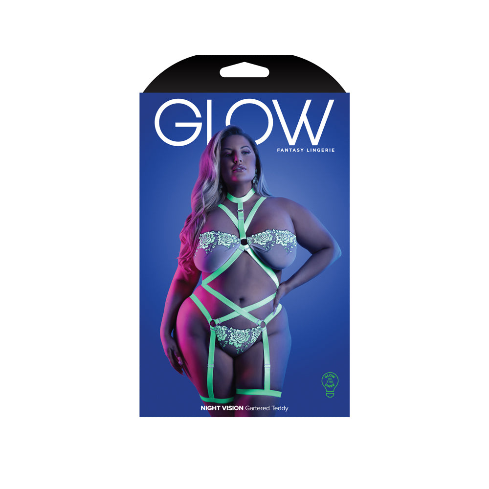 Night Vision Gartered Teddy Queen Size packaging showcasing glowing lingerie design and model.