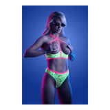 Persuasive Open Cup Bra & Panty Set Neon Green displayed by a model showcasing its bold design and vibrant color.