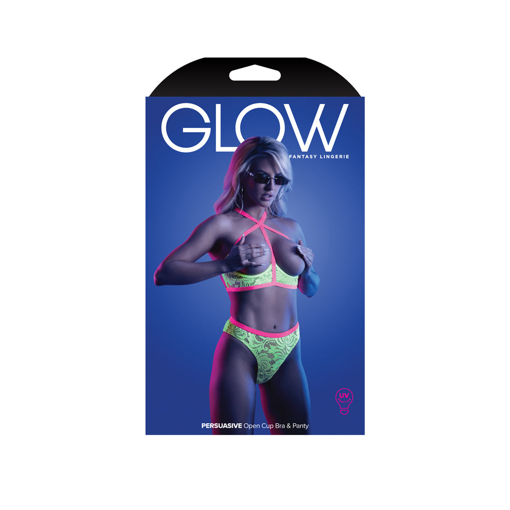 Persuasive Open Cup Bra & Panty Set Neon Green packaging featuring model in neon lingerie with sunglasses.