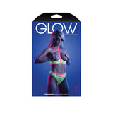 Persuasive Open Cup Bra & Panty Set Neon Green packaging featuring model in neon lingerie with sunglasses.