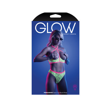 Persuasive Open Cup Bra & Panty Set Neon Green M/L displayed on a model with neon lighting and stylish accessories.