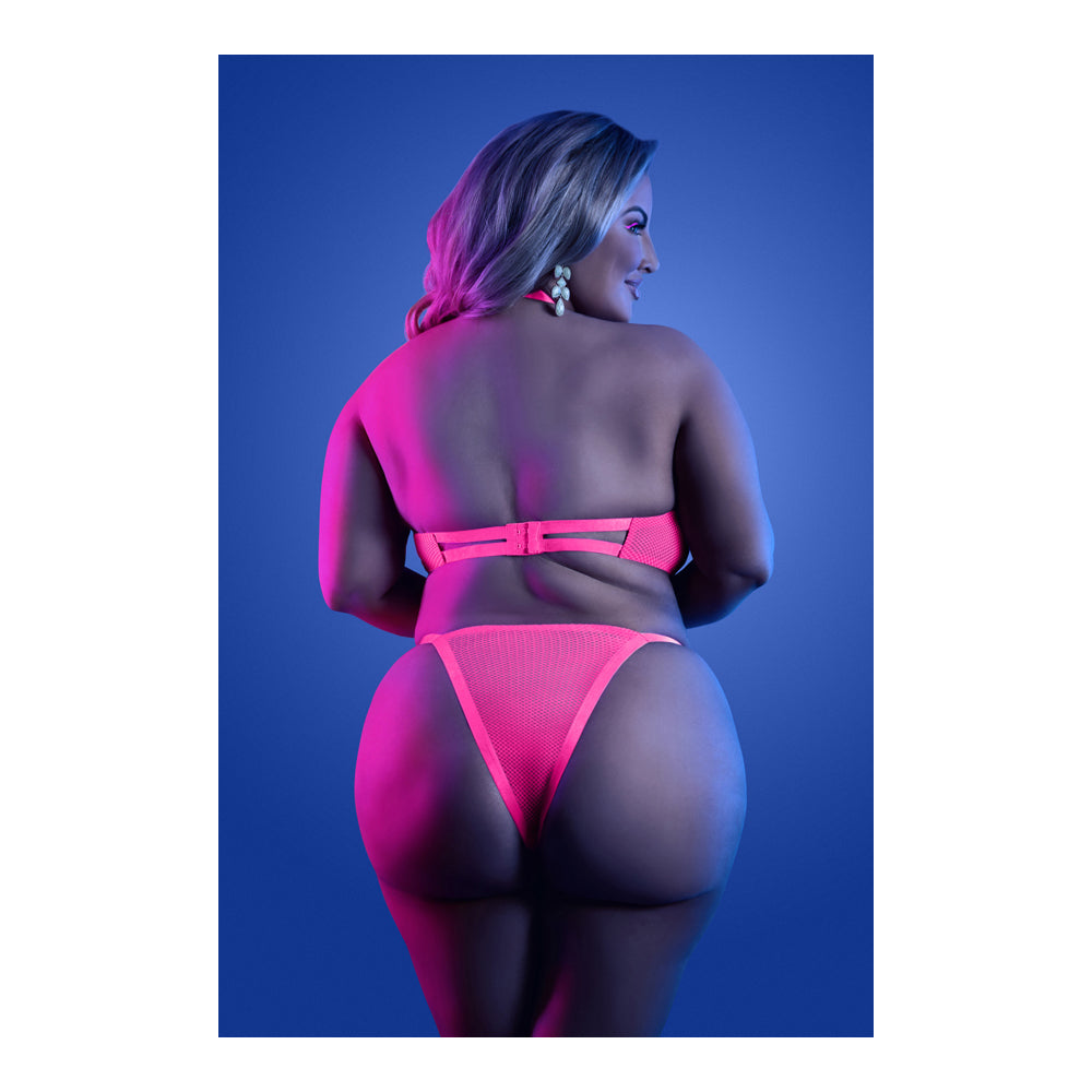 Slow Motion Peekaboo Cup Bra & Panty Queen Size on a model showcasing the back in vibrant neon pink.