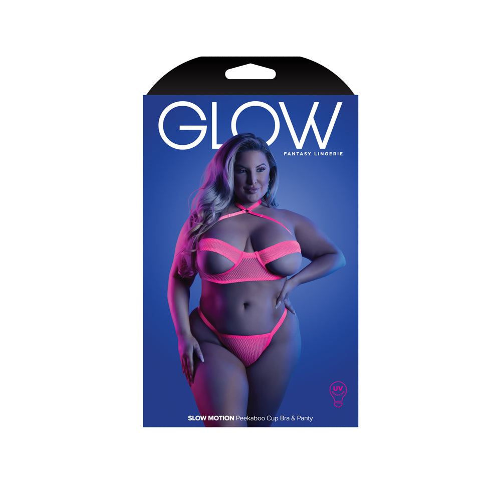Slow Motion Peekaboo Cup Bra & Panty Queen Size packaging featuring a model in neon pink lingerie.
