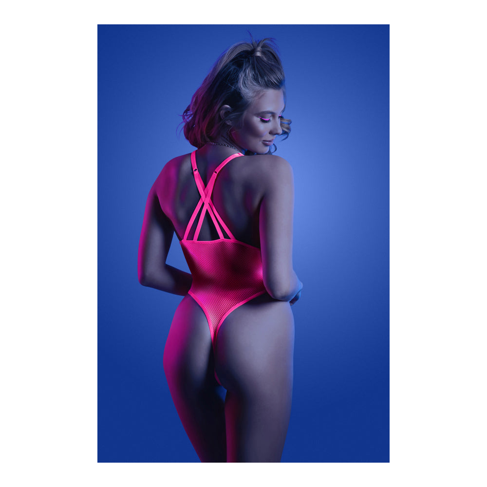 Woman wearing Fantasy Lingerie Electric Haze Teddy Neon Pink L XL under blue and pink lighting.