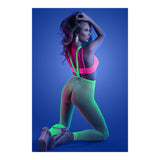 Glow Come Alive 3 Piece Suspender Stockings Set worn in a vibrant pose under blacklight, showcasing neon colors.