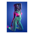 Model wearing the Glow Come Alive 3 Piece Suspender Stockings Set in neon pink and green under blacklight.