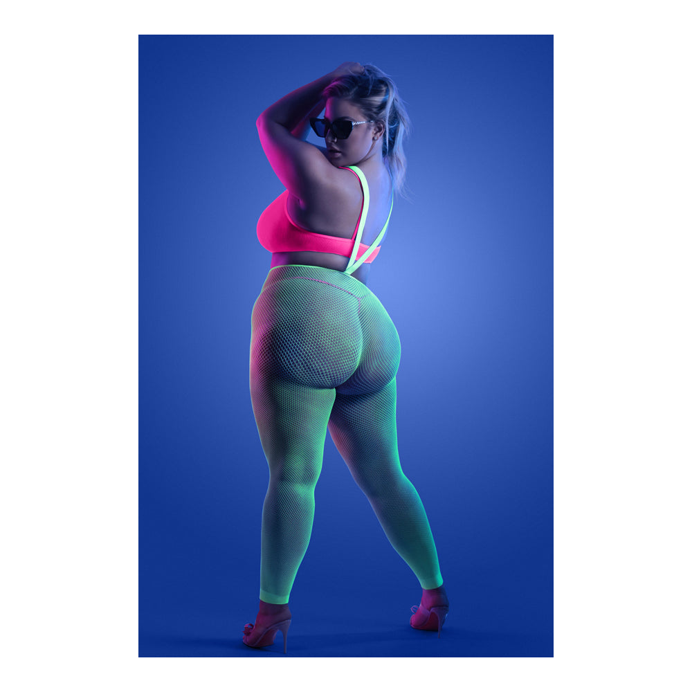 Come Alive 3 Piece Suspender Stockings Set Queen Size displayed on a model under blacklight with vivid neon colors.