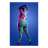 Come Alive 3 Piece Suspender Stockings Set Queen Size displayed on a model under blacklight with vivid neon colors.