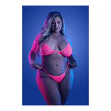Come Alive 3 Piece Suspender Stockings Set Queen Size on model, featuring neon pink lingerie under blacklight.