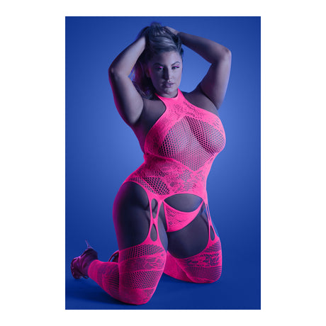 Captivating Halter Bodystocking & G-string Queen Size in vibrant pink on model, showcasing flattering curves and stylish design.