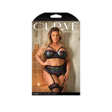 Cassidy Cage Bra Garter Belt Panty Set Black 3X 4X packaging showcasing a model in bold plus-size lingerie.