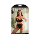Blaire Bralette Garter Belt Crotchless Pearl Panty packaging featuring a model in a seductive lingerie set.