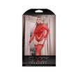 Infatuation Open Back Long Sleeve Teddy Bodystocking Queen showcased in packaging, featuring red mesh design and gartered look.