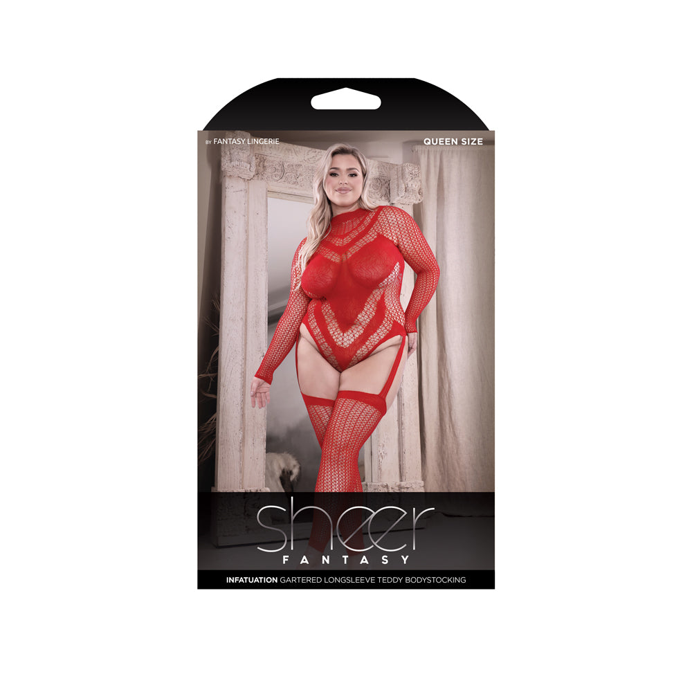 Infatuation Open Back Long Sleeve Teddy Bodystocking Queen showcased in packaging, featuring red mesh design and gartered look.