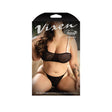 Do Not Disturb Pearl Bralette & Crotchless Panty Queen in packaging with model showcasing flattering lingerie design.