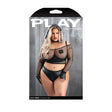 Easy Rider 7 Piece Biker Costume Set 1X 2X Black displayed on packaging with model wearing fishnet top and gloves.