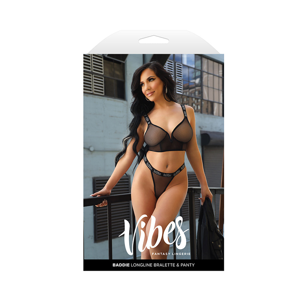 Vibes Baddie Longline Bralette & Panty Black S M displayed on model wearing sheer lingerie set.