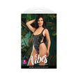Eat Me Flash Reactive Print Bodysuit Black L XL packaging featuring a model in a bold, eye-catching design.