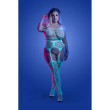 Timelapse Glow-in-the-Dark Bodystocking Queen Size displayed on model with glow effect against a blue background.