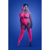 Wavelength Cutout Rhinestone Teddy Bodystocking Queen Size showcased on model in vibrant pink with daring cutouts against a blue background.