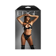 Fantasy Lingerie Wetlook Bralette Crotchless Panty L XL displayed on a model, featuring a sleek black design and bold style.