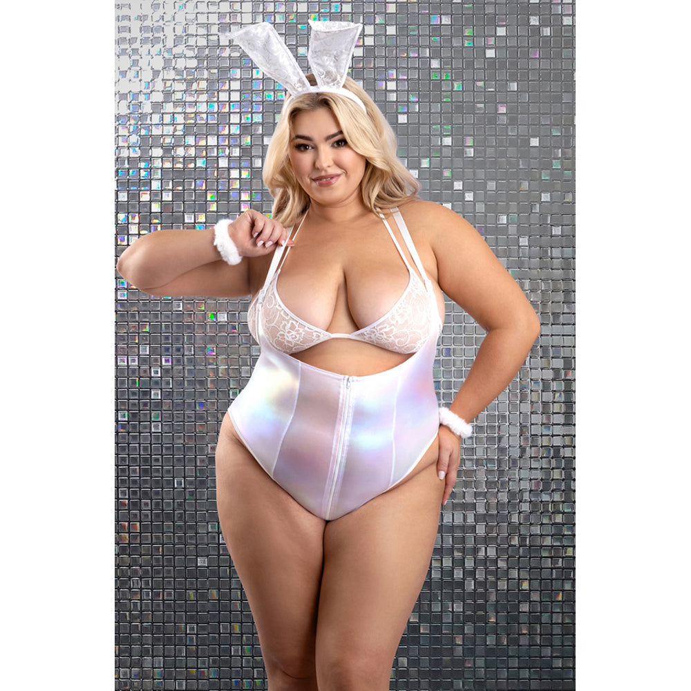 Model wearing Bunny Hills 5pc Bunny Costume Set 1X 2X, featuring iridescent bodysuit and bunny ears.