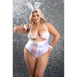 Model wearing Bunny Hills 5pc Bunny Costume Set 1X 2X, featuring iridescent bodysuit and bunny ears.