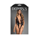Domina Lock and Key Open Teddy Black M L packaging featuring a model in sheer black lingerie.