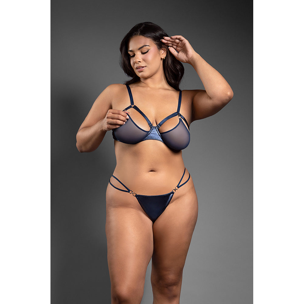 Fantasy Lingerie Openable Bra & Panty Navy Queen Size model wearing a metallic cage bra and matching panty.