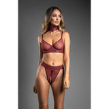 Fantasy Lingerie Convertible Bra Panty Leash Burgundy L XL featuring a model in a bold lingerie set.