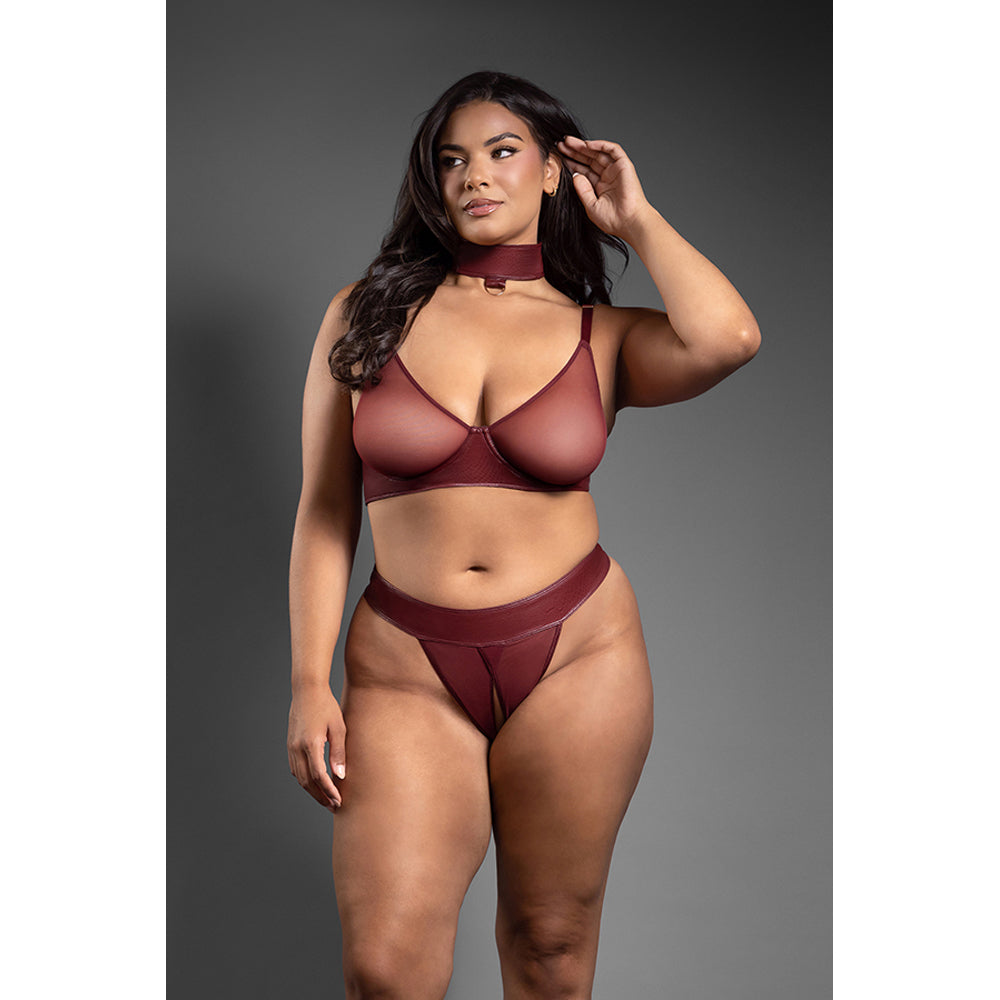 Fantasy Lingerie Convertible Bra Panty & Leash Queen Size on a model, showcasing bold design in embossed faux leather and mesh.