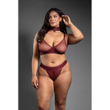 Fantasy Lingerie Convertible Bra Panty & Leash Queen Size on a model, showcasing bold design in embossed faux leather and mesh.