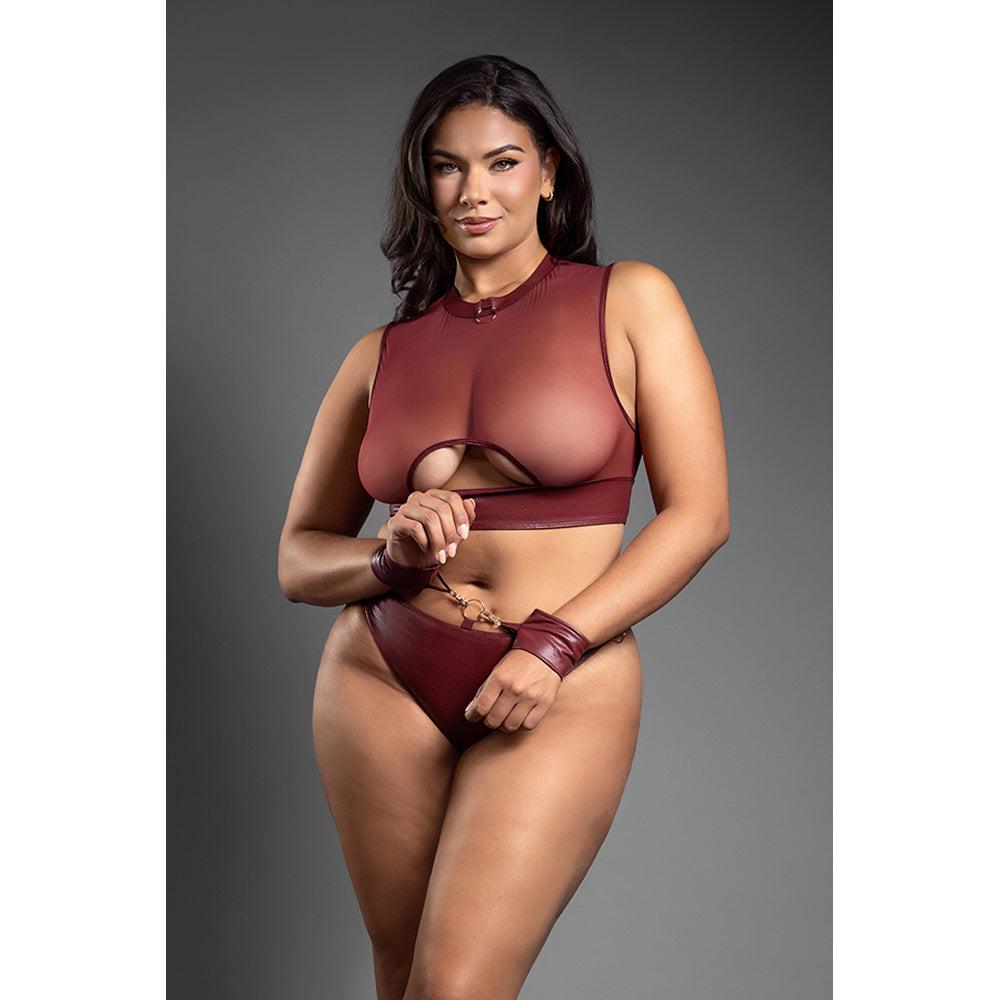 Fantasy Lingerie Faux Leather Top Panty & Cuffs Burgundy model showcasing bold three-piece set with cuffs.