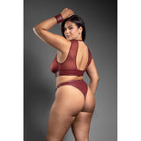 Fantasy Lingerie Faux Leather Top Panty & Cuffs Burgundy shown from the back, highlighting the bold design and rich color.