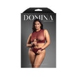 Fantasy Lingerie Faux Leather Top Panty & Cuffs Burgundy displayed on model with packaging.