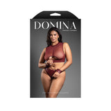 Fantasy Lingerie Faux Leather Top Panty & Cuffs Burgundy displayed on model with packaging.