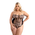 Leatherette Binding Corset & G-string Queen Size worn by a model, showcasing a sultry mesh and corset design.