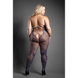 Model showcasing the Legendary Crotchless Bodystocking Queen Size, featuring a bold dragon pattern and open back design.
