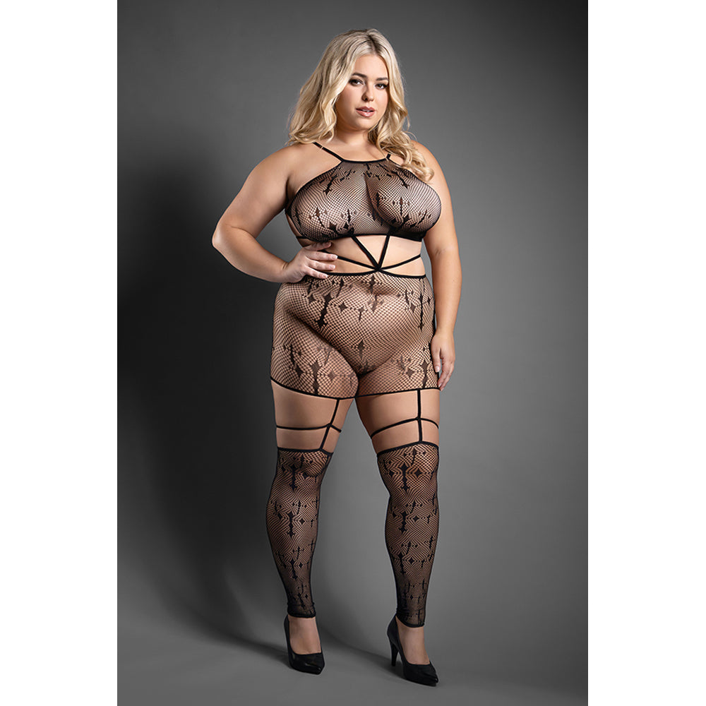 Unholy Bodystocking Dress Queen Size on a model, showcasing gothic design and flattering fit for fuller figures.