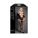 Premonition Crotchless Bodystocking Queen Size packaging featuring a model showcasing the sheer design and flattering fit.