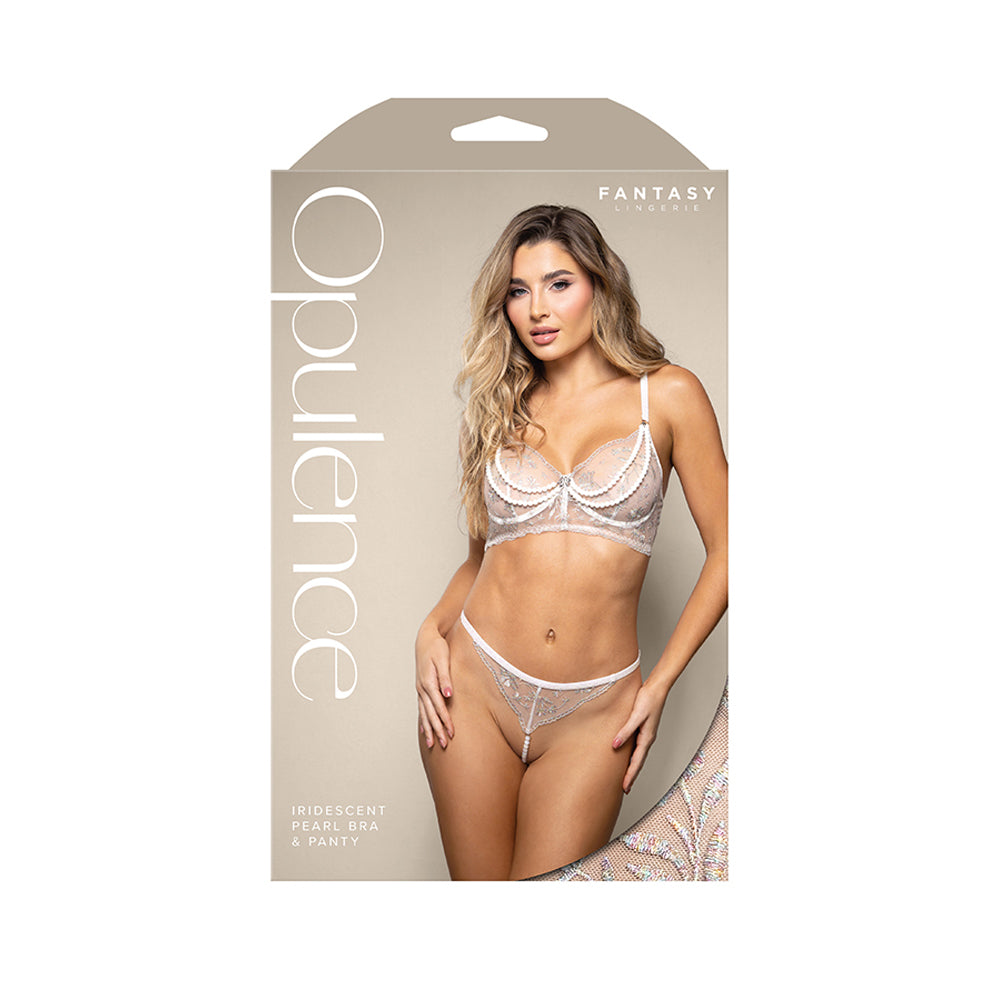 Iridescent Pearl Bra & Panty Set White L XL packaging featuring model showcasing iridescent lingerie by Fantasy Lingerie.