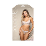 Iridescent Pearl Bra & Panty Set White L XL packaging featuring model showcasing iridescent lingerie by Fantasy Lingerie.