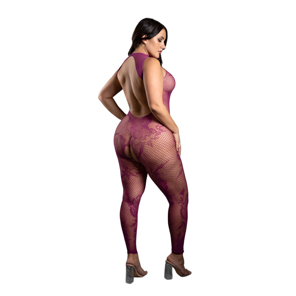 Model showcasing the Endless Embrace Crotchless Bodystocking Queen Size, featuring an open back and floral knit design.