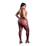 Model showcasing the Endless Embrace Crotchless Bodystocking Queen Size, featuring an open back and floral knit design.