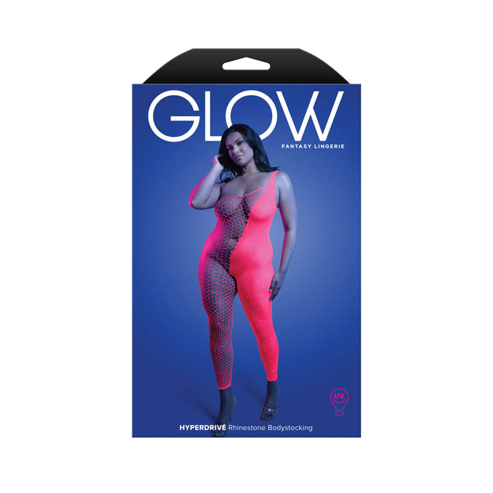 Fantasy Lingerie Hyperdrive Rhinestone Bodystocking Queen Size packaging featuring UV reactive design and alluring silhouette.