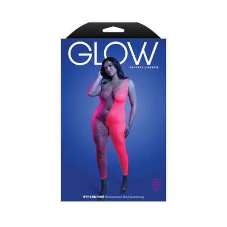 Fantasy Lingerie Hyperdrive Rhinestone Bodystocking Queen Size packaging featuring UV reactive design and alluring silhouette.