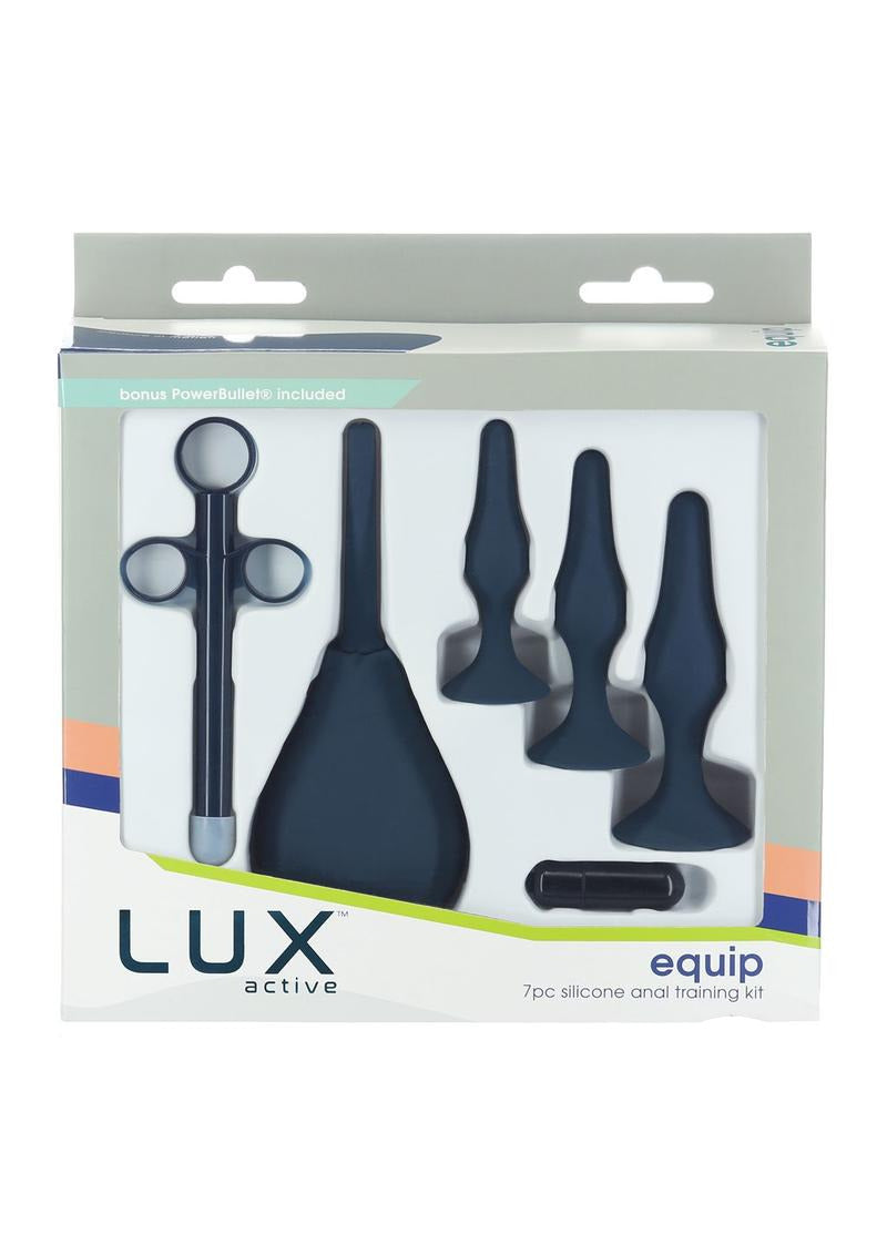 LUX Active Equip Anal Explorer Kit Blue featuring 7 silicone training accessories for comfortable anal play.