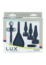 LUX Active Equip Anal Explorer Kit Blue featuring 7 silicone training accessories for comfortable anal play.